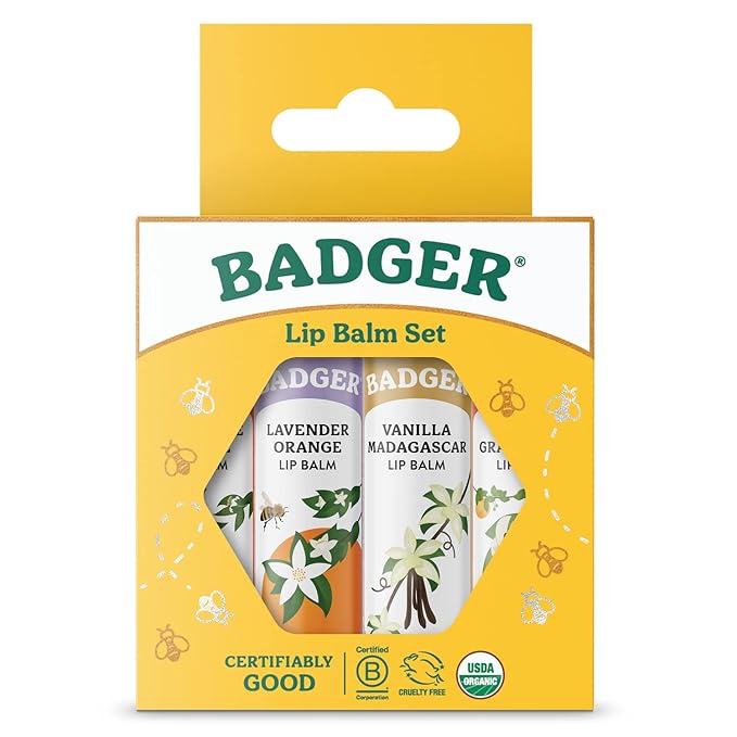 Badger - Classic Lip Balm Gold Box with Aloe, Extra Virgin Olive Oil, Beeswax & Essential Oils, Lip Balm Variety Pack, Certified Organic, 0.15 oz (4 Pack)-Velvo Beauty