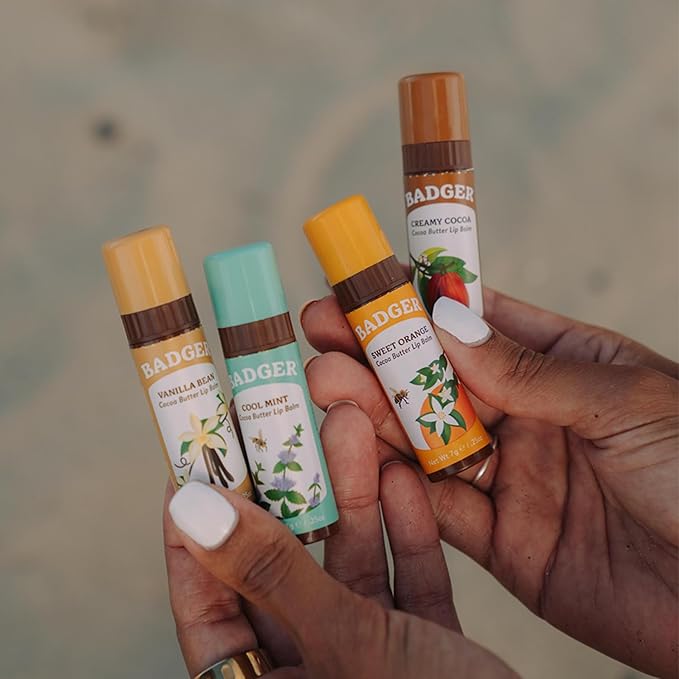 Badger - Cocoa Butter Lip Balm, Cool Mint, Certified Organic Lip Balm, Fair Trade, Lip Butter, Lip Balm Cocoa Butter, Cocoa Care Lip Balm, 0.25 oz (4 Pack)-Velvo Beauty