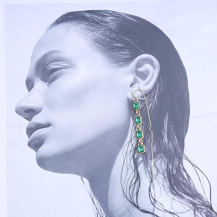 Vintage Crystal Emerald Threader Earrings Emerald Square Stud Earrings Long Chain Tassel Dangle Earrings Gold Bar Pull Through Earrings Jewelry for Women-Velvo Beauty