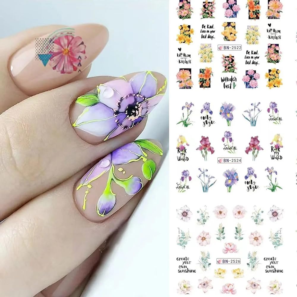 12 Sheets Flower Water Transfer Nail Stickers Purple Fresh Flower Nail Art Decals with Assorted Pattern Blossom Floral Butterfly Dragonfly DIY Nail Art supplies for Women Nail Decorations Manicure Tip-Velvo Beauty