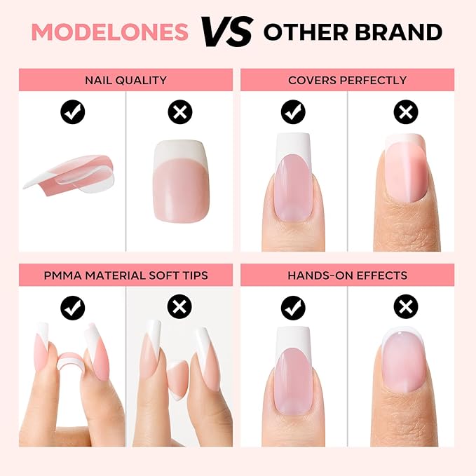 modelones French Tip Press on Nails, 150Pcs Long Square Fake Nails with Nail Box, Pink & White Gel Nail Tips for Women, Soft Glue-On Nails for Natural Salon Look, DIY Nail Art Kit (15 Sizes)-Velvo Beauty