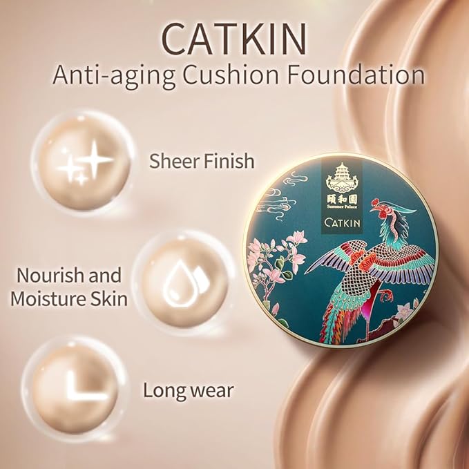 Catkin Phoenix Cushion Foundation Buildable Coverage Anti-Aging Serum Makeup, Sheer Satin Finish, Refill Included, Light Beige 0.46 Oz x 2, C01 NATURAL-Velvo Beauty