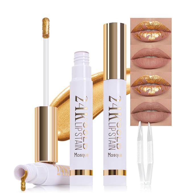 2Pcs 2025 New 24K Gold Liquid Lip Gloss Peel Off Lip Stain Tattoo with Tweezer, Lips Stain Peel Off Masque, Long Lasting Waterproof Lip Tint Stain, Transfer-proof for All Skin Types 01#+02#-Velvo Beauty