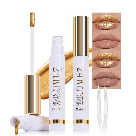 2Pcs 2025 New 24K Gold Liquid Lip Gloss Peel Off Lip Stain Tattoo with Tweezer, Lips Stain Peel Off Masque, Long Lasting Waterproof Lip Tint Stain, Transfer-proof for All Skin Types 01#+02#-Velvo Beauty