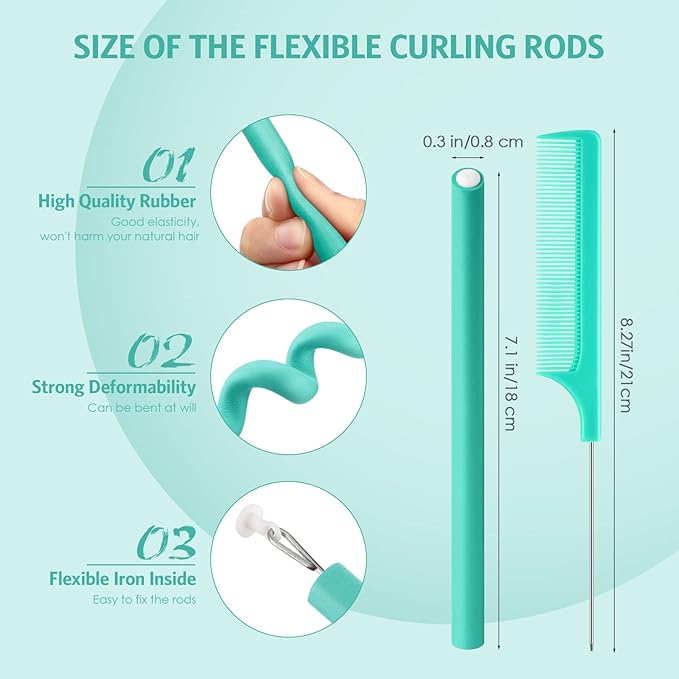 Syhood 30 Pcs 7'' Flexible Curling Rods Twist Foam Hair Rollers Soft Foam No Heat Hair Rods Rollers and 1 Steel Pintail Comb Rat Tail Comb for Women Long Short Hair(Lake Green,7 x 0.3 Inch)-Velvo Beauty