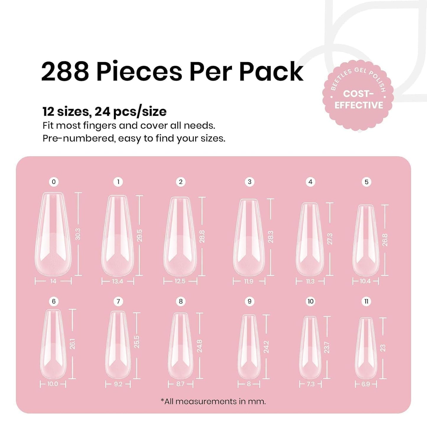 Beetles Coffin Long Gel Nail Tips –Pre-Etched Half Matte Full Cover, 288 Pieces, Pre-Shaped in 12 Sizes for Press-On Extensions-Velvo Beauty