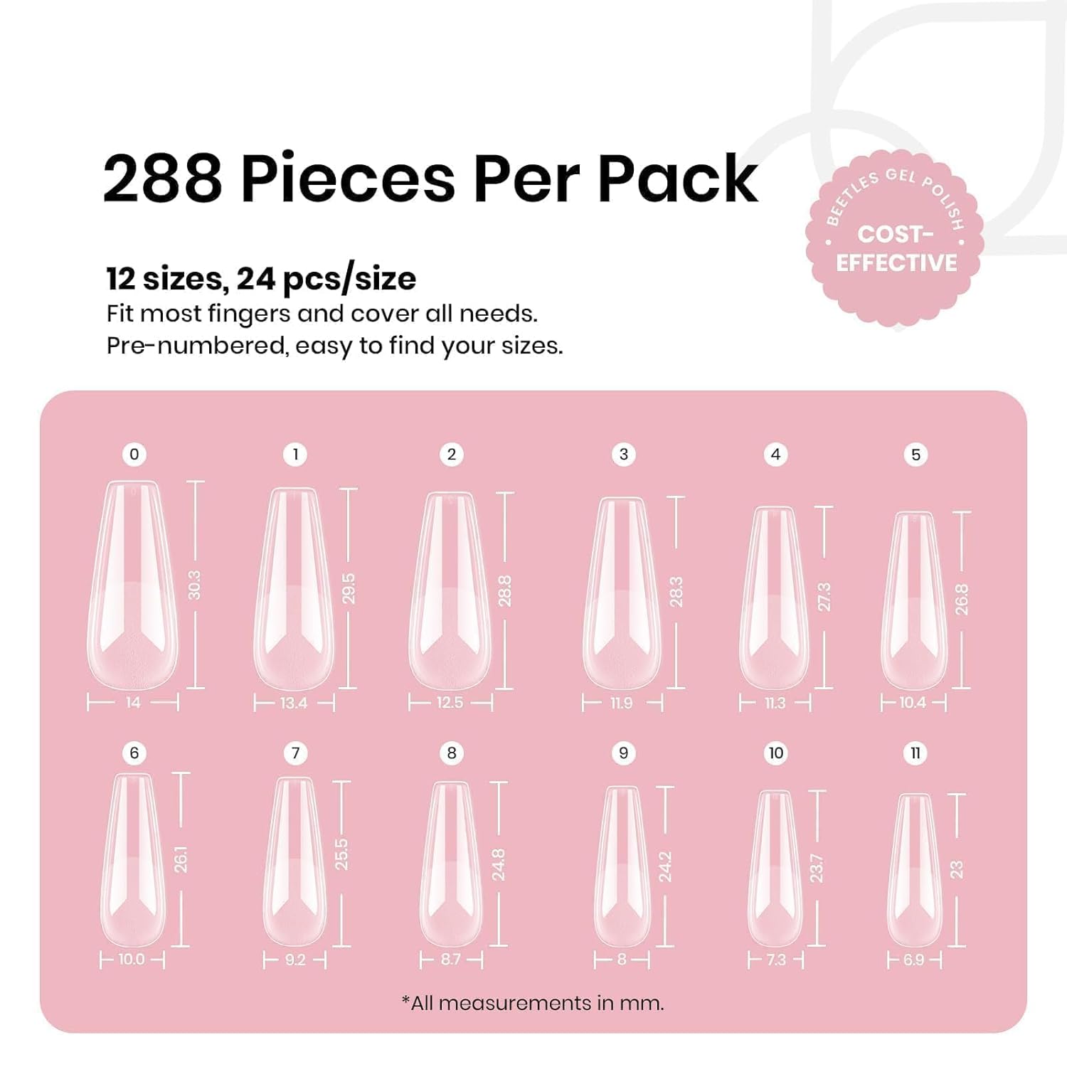 Beetles Coffin Long Gel Nail Tips –Pre-Etched Half Matte Full Cover, 288 Pieces, Pre-Shaped in 12 Sizes for Press-On Extensions-Velvo Beauty