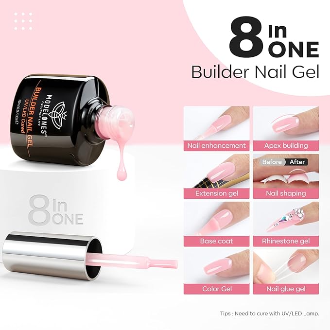 modelones Builder Nail Gel, 8-in-One Pink Builder for Nail Thickening, U/V LED Lamp Cured Hard Color Base Extension Rhinestone Tips Glue Gel Polish in a Bottle for DIY Home Manicure Women-Velvo Beauty