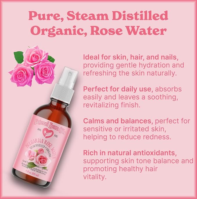 Natural Born Oils 8oz Rose Water Hydrosol, 100% Pure and Natural, Organic, Steam-distilled, Facial Toner Cleanser, with Sprayer, 8-Rose-Water-Velvo Beauty