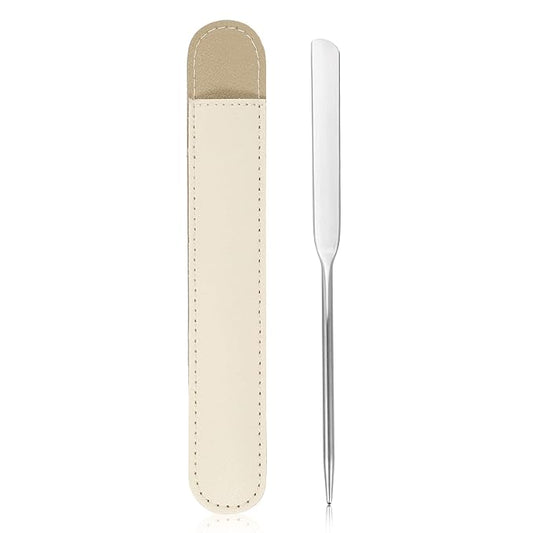 VOCOSTE 1 Set Stainless Steel Makeup Spatula, Liquid Foundation Spatula Tool with Faux Leather Case, Lipstick Nail Polish Mixing Palette Spatula, Beige-Velvo Beauty