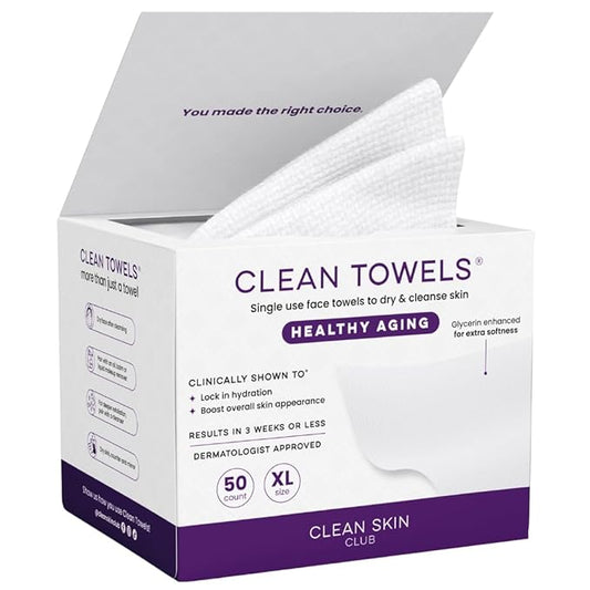 Clean Skin Club Clean Towels XL Healthy Aging™, Smooths Fine Lines Wrinkles & Texture In 6 Weeks, Treated for Extra Softness, Disposable Face Towels, Anti Aging Makeup Remover Dry Wipe (50 Ct, 1 Pack)-Velvo Beauty
