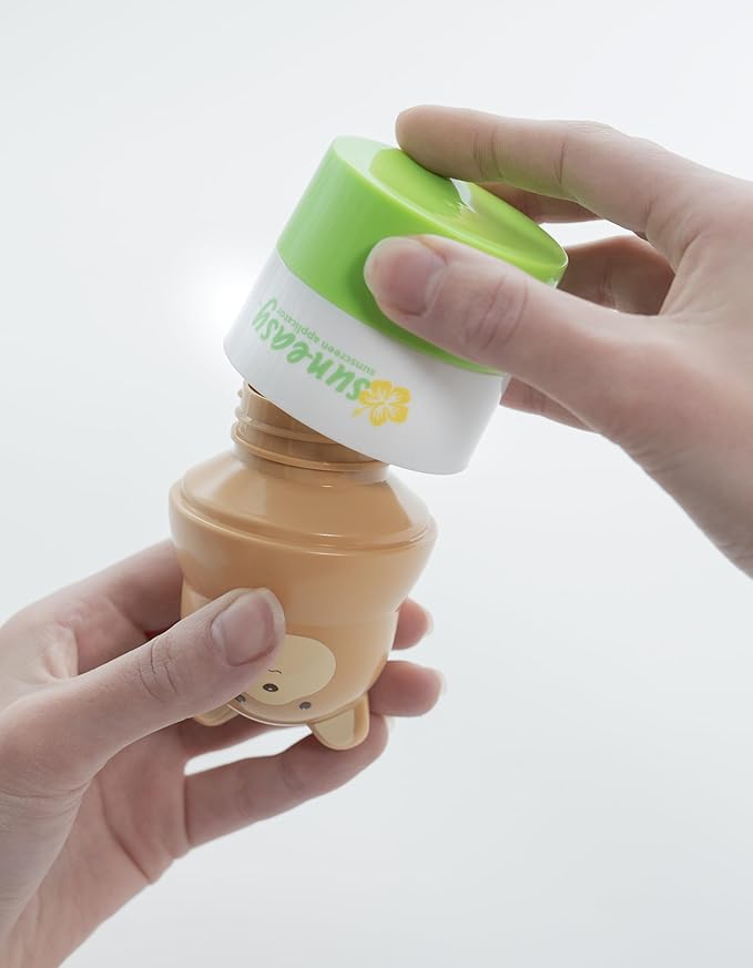Sun-Easy Sunscreen Applicator, Refillable Roll-On with Sponge for Kids and Babies, Fun, Fast and Mess-Free application, Holds 100 ml, Bear/Green Cap-Velvo Beauty