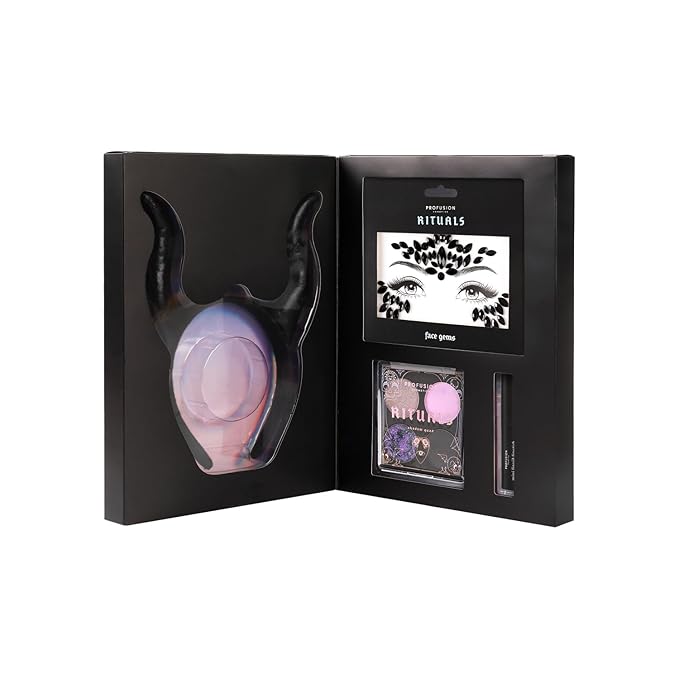 Profusion Cosmetics Rituals 4 PC Look Kit Includes Face Gems, Shadow and Glitter Quad, and Eyeshadow Brush, Along With Somber Matte Black Liquid Lipstick, Magical Beauty for Fairy Witches-Velvo Beauty