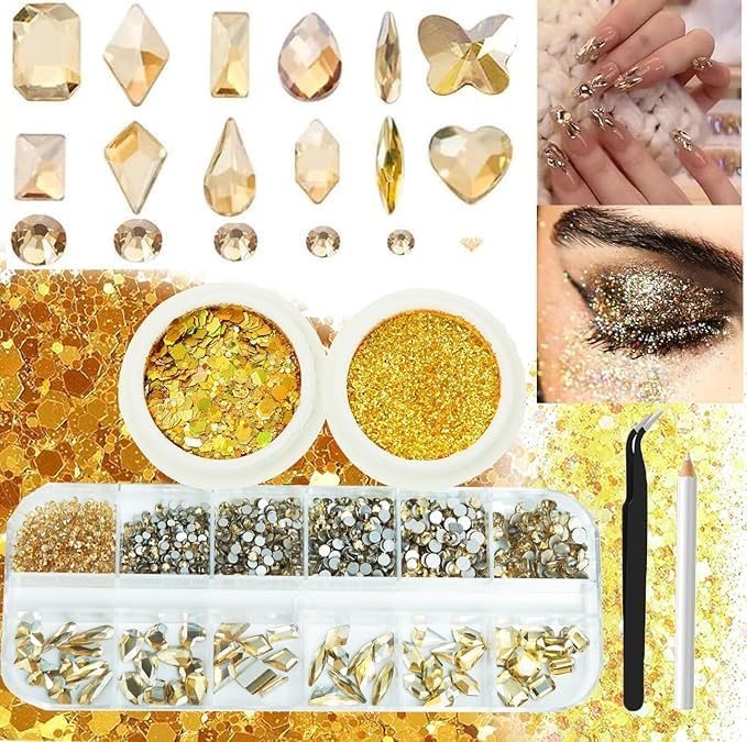 3 Boxes Champagne Gold Nail Rhinestones with Fine Glitters Kit, 60Pcs Big Glass Nail Gems with S6-S16 Flatback Round Stones,Crystals Nail Gem Stones for Faces Body DIY Crafts-Velvo Beauty