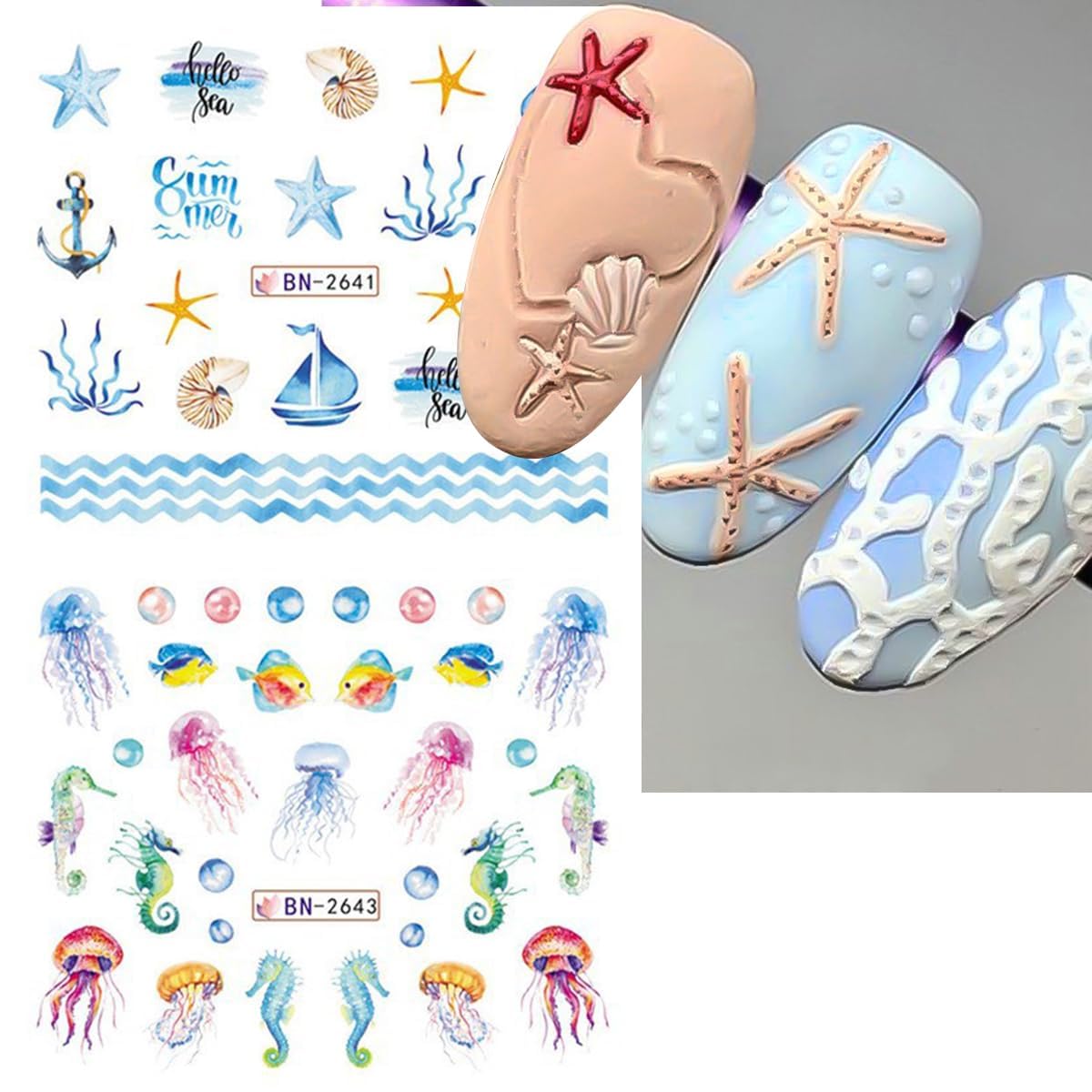 Summer Nail Art Stickers 12 Sheets Seashell Starfish Water Transfer Foils Decals Jellyfish Shells Sea Turtles Seahorses Design Acrylic Ocean Theme Supplies for Women DIY Decor-Velvo Beauty