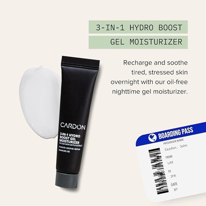 Cardon Jet Set Travel Sized Mens Skin Care Kit, Cactus Based Korean Skin Care Men, Includes SPF Sunscreen Moisturizer, Dark Circle Eye Rescue Cream, Clay Cleanser, 3-in-1 Hydro Gel, Lip Balm- Gift Set-Velvo Beauty