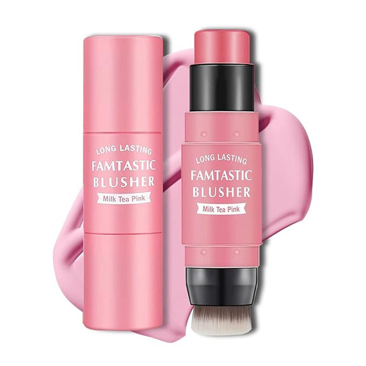 Cream Blush Stick with Brush,Waterproof Blush Makeup,Long Lasting 3 In 1 Cheek Blush & Lip Tint & Eye Shadow Makeup Stick,Easy To Use Blends Effortlessly,Cream Blush Makeup for All Skin Tones - Cherry Pink-Velvo Beauty