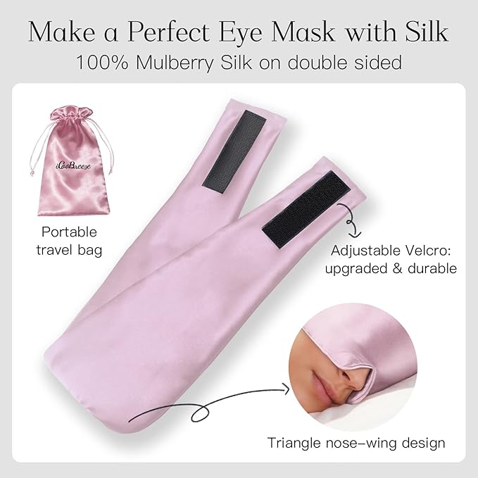 100% Natural Silk Eye Mask for Women Men, Soft Pressureless Cooling Blackout Eye Covers for Sleeping, Large Size Sleep Mask fits All Heads Adjustable, 1PC, Lotus Pink-Velvo Beauty