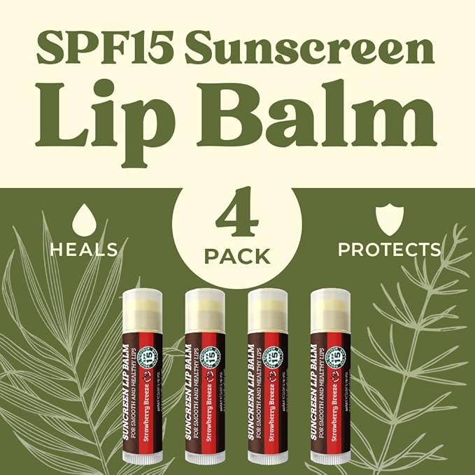SPF Lip Balm 4-Pack by Earth's Daughter - Lip Sunscreen, SPF 15, Organic Ingredients, Strawberry Flavor, Beeswax, Coconut Oil, Vitamin E - Hypoallergenic, Paraben Free, Gluten Free-Velvo Beauty