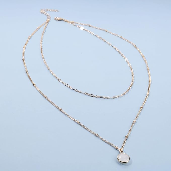 Boho Layered Opal Moonstone Necklace Choker Gold Round Opalite Necklace Clear Quartz Necklace Faceted Crystal Pendant Necklace Chain Jewelry for Women and Girls-Velvo Beauty