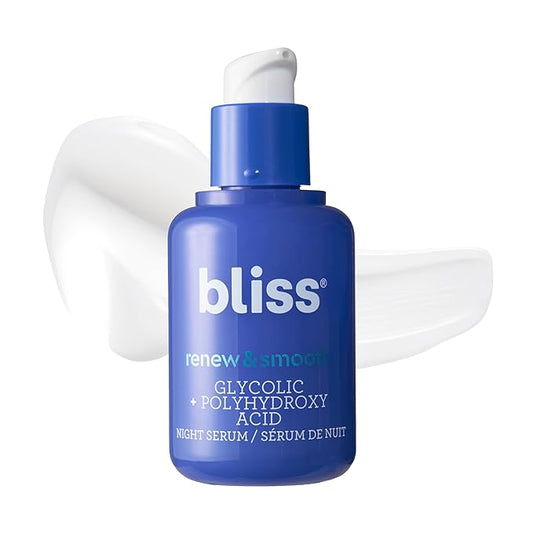 Bliss Glycolic + Polyhydroxy Acid Renew & Smooth - Night Serum - Gently Exfoliate Skin - Hydrating Squalane - Vegan & Cruelty-Free - 1 Fl Oz-Velvo Beauty