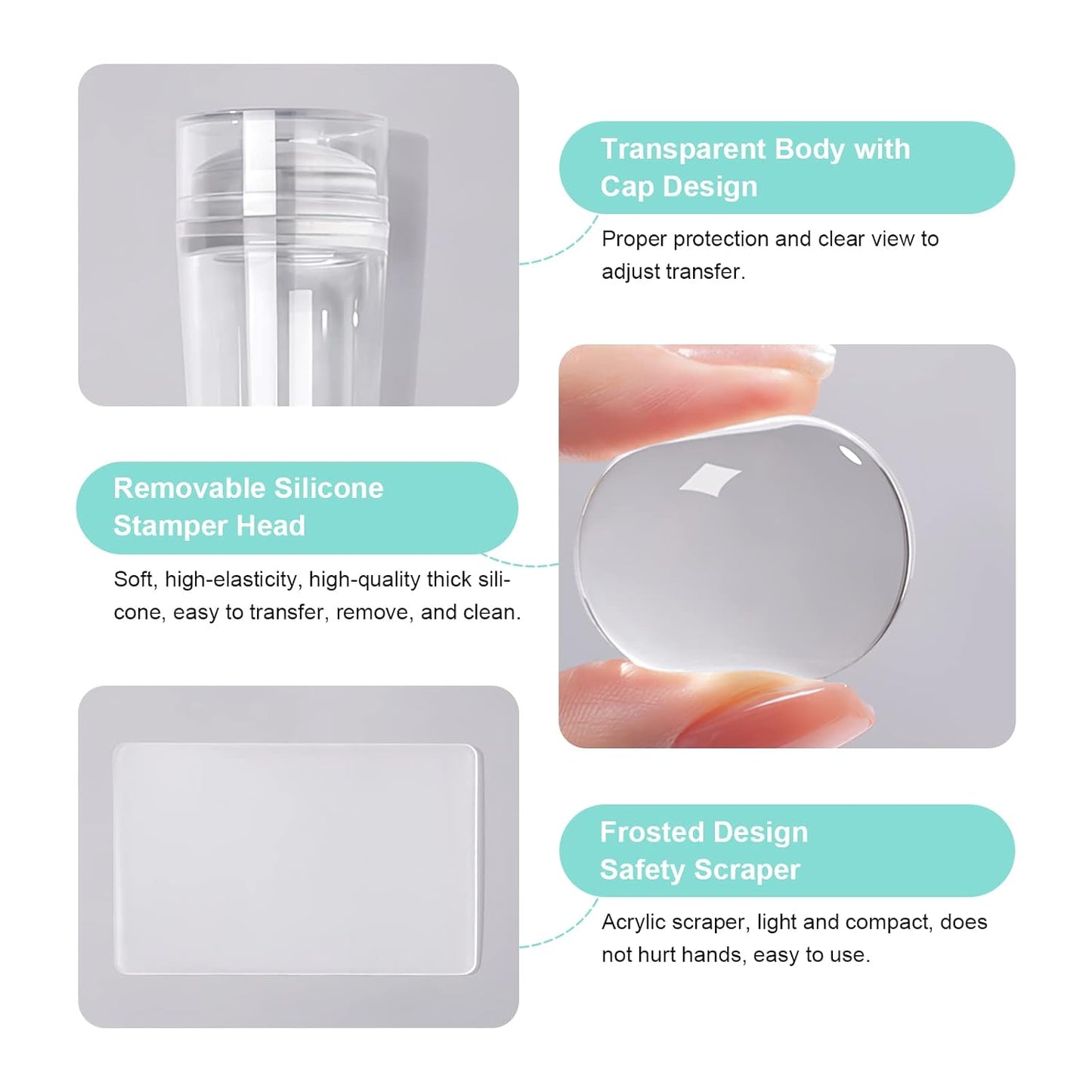 X&D Nail Art Stamper Clear Jelly Nail Art Stamping Transparent Silicone Rubber Nail Polish Stamper with Acrylic Scraper, Spare head Kit for French Tips and Transfer Images-Velvo Beauty