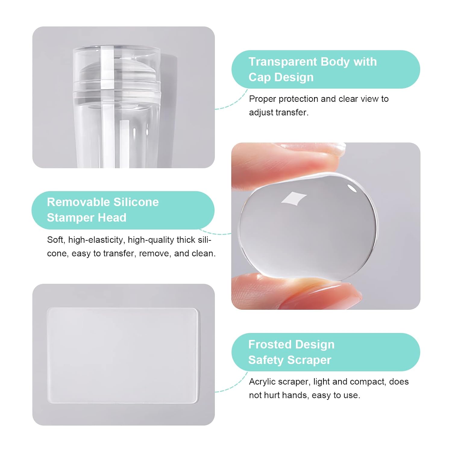 X&D Nail Art Stamper Clear Jelly Nail Art Stamping Transparent Silicone Rubber Nail Polish Stamper with Acrylic Scraper, Spare head Kit for French Tips and Transfer Images-Velvo Beauty