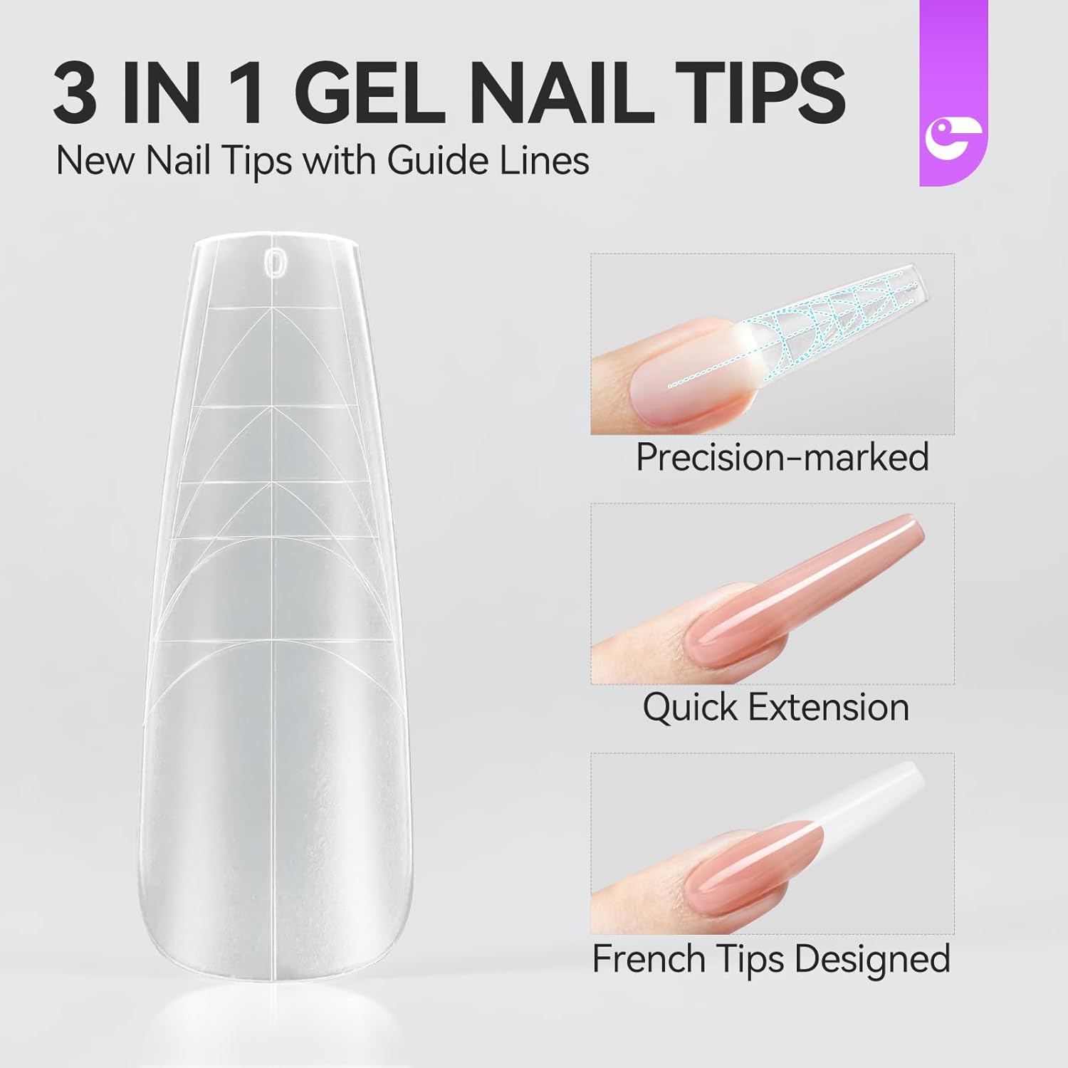 Guiding Line Nail Tips for Salon: Gelike EC Full Matte Coffin Gel Nail tips with Auxiliary Positioning Line - Nail Extension Tips for Professional -100 Pcs 10 Sizes-Velvo Beauty