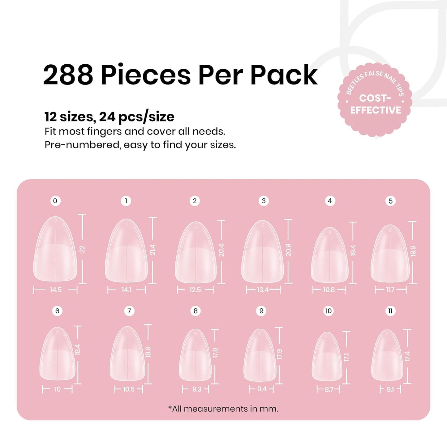 Beetles Short Almond Nail Tips - 288PCS 12 Sizes Full Matte Cover Pre-Etched & Pre-Shaped False Nails Soft Gel Nail Tips Acrylic Nail Tips Nail Extension Tips for Gel Polish DIY Manicure-Velvo Beauty