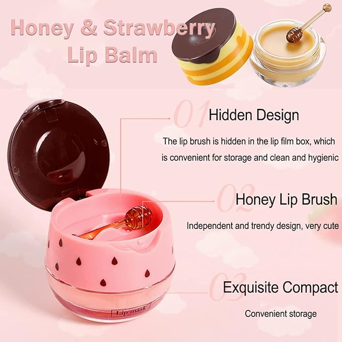 Bee Lip Balm Honey Pot, 4 PCS Strawberry & Honey Lip Masks Hydrating Prevention Dry and Cracked Lip Scrubs Exfoliator，Lip Sleep Mask Reduces Lip Lines，Lip Exfoliating Bee Lip Balm Sleeping Lip Mask-Velvo Beauty