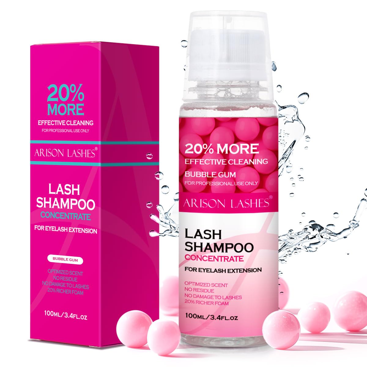 ARISON LASHES Lash Shampoo Concentrate for Lash Extensions 100ML Eyelash Cleanser Concentrate Oil-Free Eyelash Extension Shampoo with Salon Home Care(Bubble gum)-Velvo Beauty