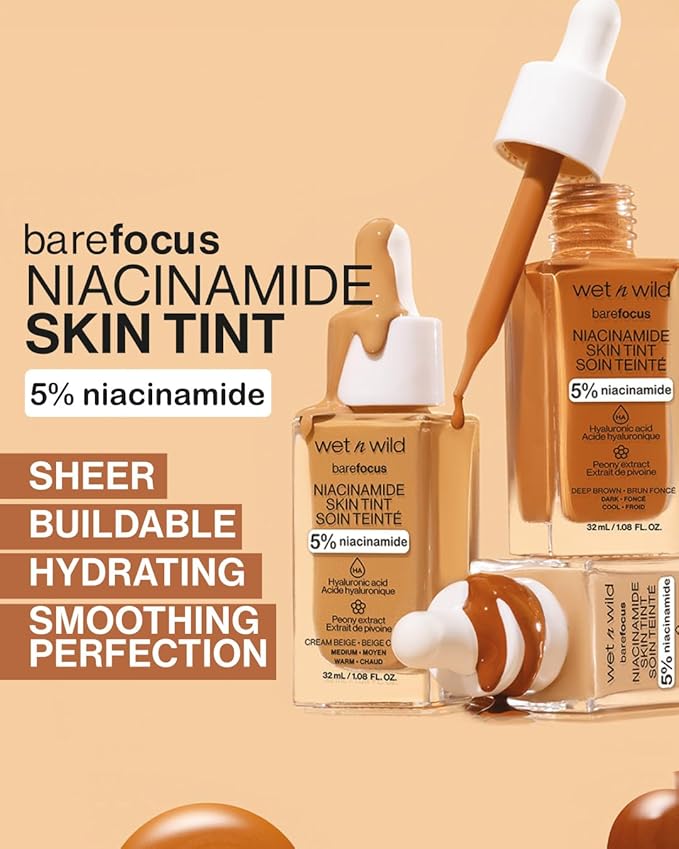 wet n wild Bare Focus Skin Tint, 5% Niacinamide Enriched, Buildable Sheer Lightweight Coverage, Natural Radiant Finish, Hyaluronic & Vitamin Hydration Boost, Cruelty-Free & Vegan - Fair Beige-Velvo Beauty