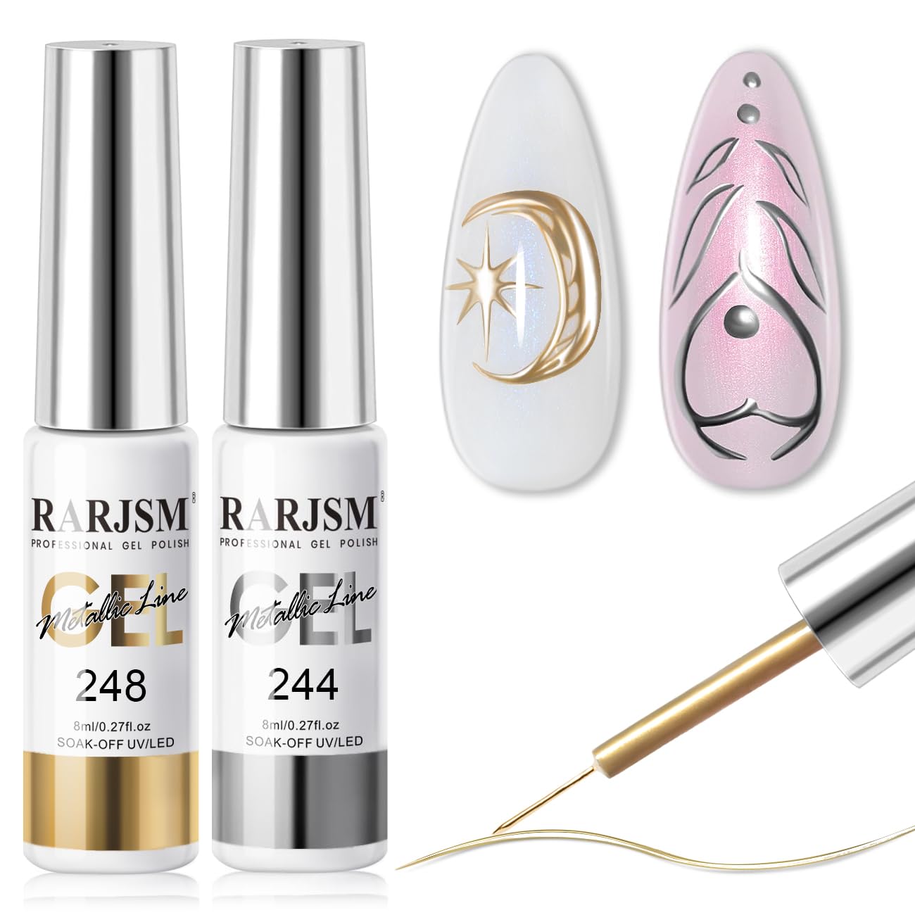 RARJSM Metallic Gel Liner Nail Art Silver Bronze Gold 2pcs Set Mirror Chrome 3D Effect Gel Nail Polish 8ml Build in Thin Brush Metal Painted Drawing Stripper Gelpolish Curing Requires for Home Salon-Velvo Beauty