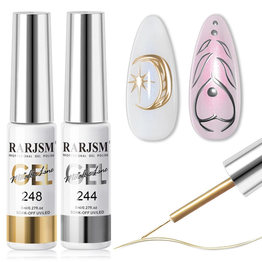 RARJSM Metallic Gel Liner Nail Art Silver Bronze Gold 2pcs Set Mirror Chrome 3D Effect Gel Nail Polish 8ml Build in Thin Brush Metal Painted Drawing Stripper Gelpolish Curing Requires for Home Salon-Velvo Beauty