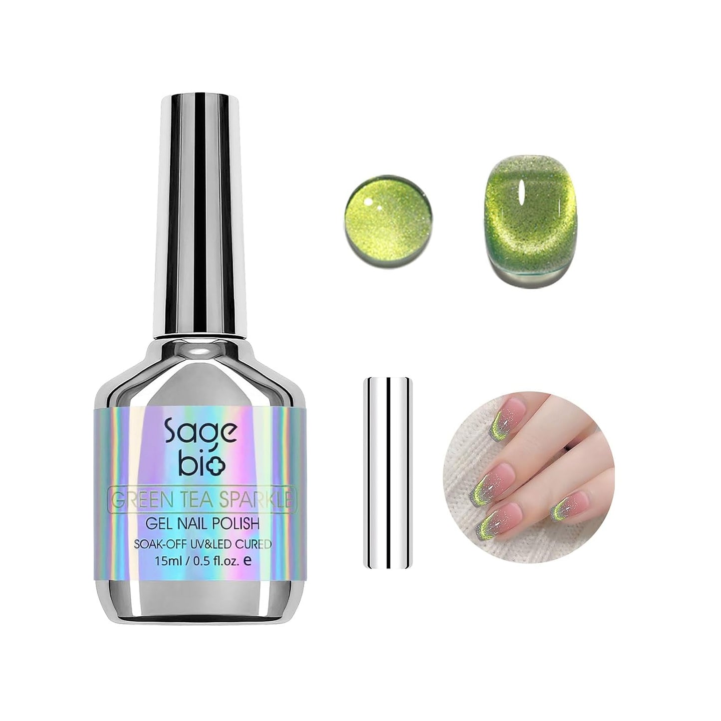 Cat Eye Gel Nail Polish with Magnet Stick, 15ml Glitter Holographic Nail Polish, Magnetic Effect Gel for Home DIY Manicure Gift, Jelly Green-Velvo Beauty