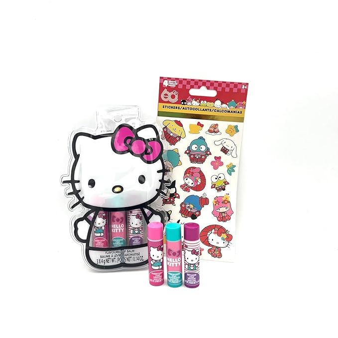 Hello Kitty 3pk Lip Balm Set with Stickers and Pouch-Velvo Beauty