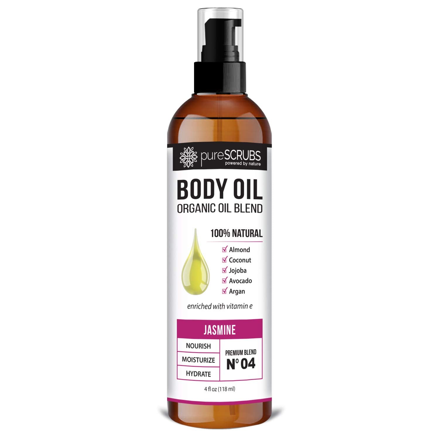 pureSCRUBS Ultra Moisturizing Jasmine Body Oil Spray for Dry Skin, Massage, Cuticles & More - Organic Super Blend of Jojoba, Argan, Coconut, Sweet Almond & Avocado Enriched with Vitamin E, Lg 4oz-Velvo Beauty