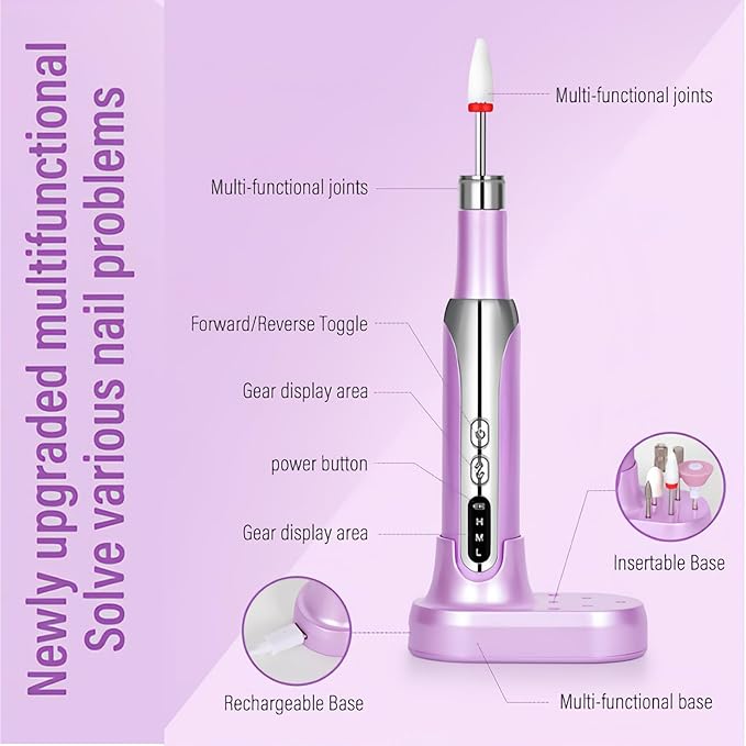 Electric Nail Drill File Cordless,Portable Rechargeable Nail File Kit for Acrylic & Gel Nails,Professional Efile for Manicure Pedicure Polishing,with 12 Nail Drill Bits 31 Sanding Bands,Purple-Velvo Beauty