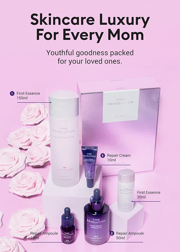 MISSHA Time Revolution Gift Set The First Essence 5X & Night Repair Ampoule 5X for Radiant, Youthful Skin-Velvo Beauty