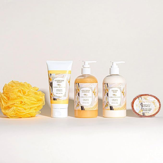Camille Beckman Essentials Gift Basket, French Vanilla, Glycerine Hand Therapy 6 oz, Silky Body Cream 13 oz, Hand and Shower Cleansing Gel 13 oz, Glycerine Soap 3.5 oz-Velvo Beauty