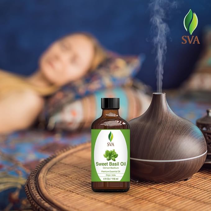 SVA Sweet Basil Essential Oil – 4 Fl Oz – 100% Natural Basil Oil - for Diffuser, Hair Care, Face, Skin Care, Aromatherapy, Scalp and Body Massage, Soap and Candle Making – with Dropper-Velvo Beauty