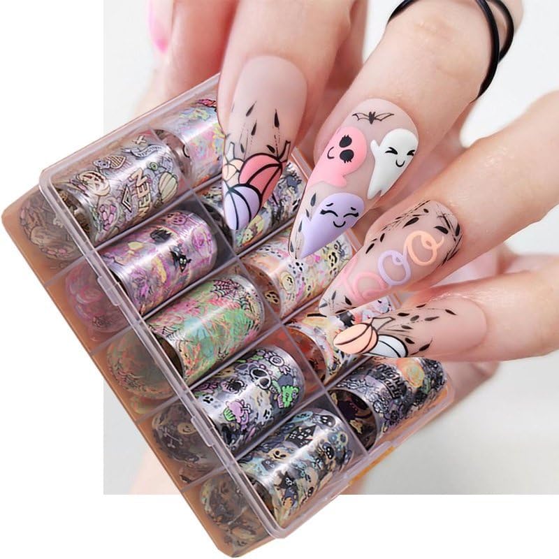 Halloween Nail Foil Transfer Stickers 10 Rolls Pumpkins Skull Nails Stickers Funny Purple Black Bat Nail Foils 1 Box Colorful Starry Sky Paper Nail Decals Halloween Nails Art Sticker Nails Art Decals-Velvo Beauty