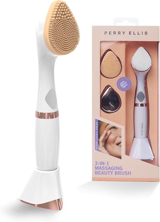 Perry Ellis 3-in-1 Beauty Brush with Silicone Face Cleanser, Makeup Applicator, and Metallic Eye-Massaging Plate, IPX6 Water-Resistant Electric Skincare Accessory with 3 Vibrating Modes and Stand-Velvo Beauty