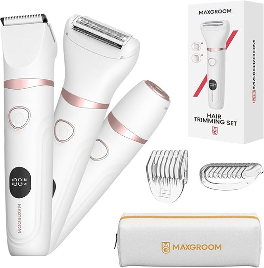 Bikini Trimmer for Women, 3-in-1 Waterproof Electric Shaver, Cordless Pubic & Body Hair Trimmer, Facial Shaver, Easy-Clean Razors with Ceramic Blade, Type-C Rechargeable, Led Display-Velvo Beauty