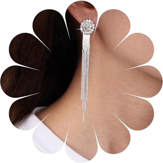 Vintage Crystal Chandelier Dangle Earrings Rhinestone Tassel Chain Earrings Wedding Chandelier Earrings Silver Full Cz Chain Earrings Jewelry for Women-Velvo Beauty