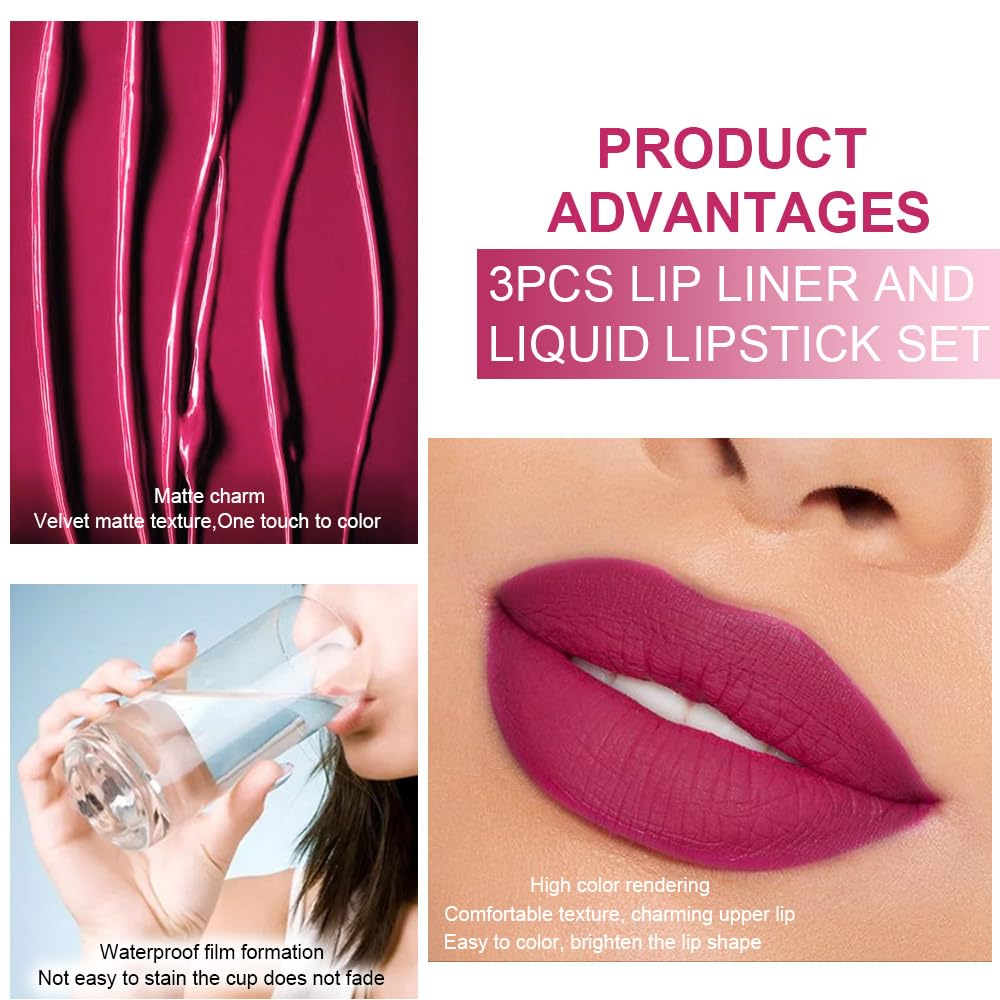 evpct 3Pcs Mauve pink Berry pink Rose red Lip Stain Paint Matte Lip Liner and Lipstick Set Long Lasting labiales matte mate larga duracion listip 24 hour a prueba de agua mate 24 horas originales-Velvo Beauty