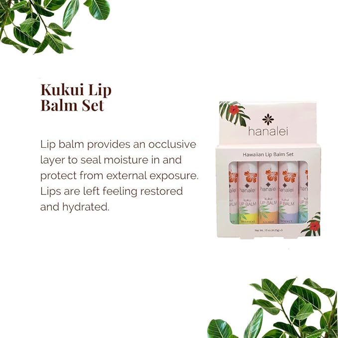 Hanalei Lip Balm and Moisturizer - Natural Kukui Oil, Beeswax Lip Moisturizer - Replenish and Repair Dry, Chapped Lips - Variety Pack (5 Tubes)-Velvo Beauty