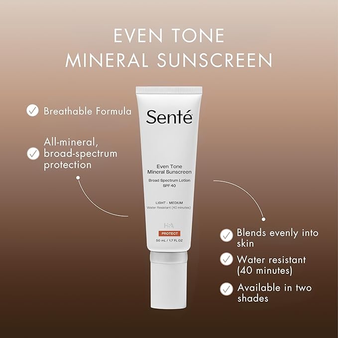 Senté Even Tone Mineral Sunscreen Tinted | SPF 40 Light-Medium | Hydrating, Lightweight Sun Protection Treatment for Redness & Discoloration | UVA/UVB & Blue Light Defense | 1.7 oz-Velvo Beauty