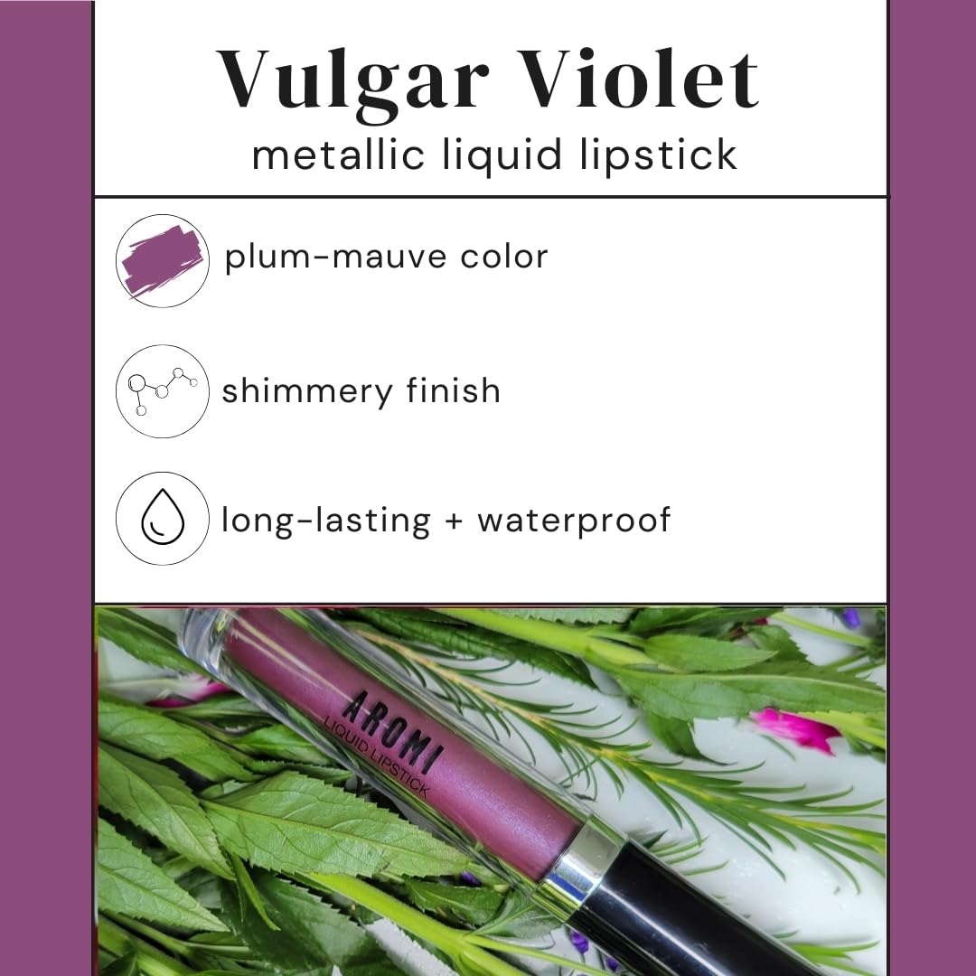 Aromi Metallic Liquid Lipstick | Long-lasting, Waterproof, Lip Color with Shimmery Finish, Vegan, Cruelty-free, Gluten and Paraben Free, Made in USA, Handmade (Vulgar Violet)-Velvo Beauty