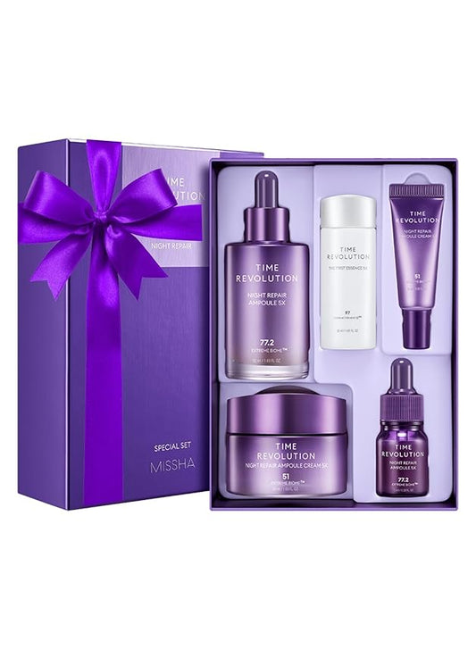 MISSHA Time Revolution Night Repair 5X Gift Set Night Repair Ampoule and Cream 5X, The First Essence 5X for Youthful, Glowing Skin-Velvo Beauty